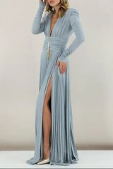 Deep V Puff Sleeve Maxi Dress in Blue