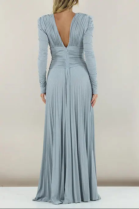 Deep V Puff Sleeve Maxi Dress in Blue