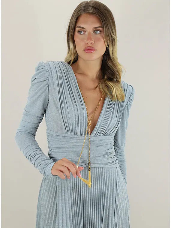 Deep V Puff Sleeve Maxi Dress in Blue