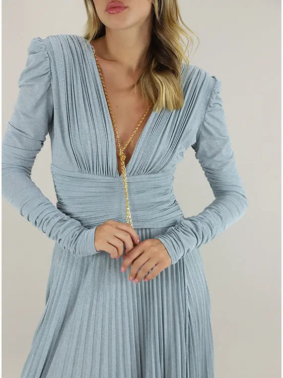 Deep V Puff Sleeve Maxi Dress in Blue