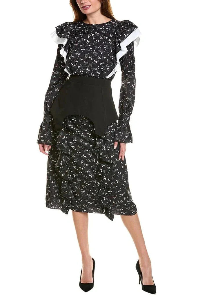 Floral Print Ruffle Trim Midi Dress in Black