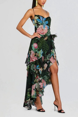 Green Floral Strap Ruffle Dress