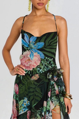 Green Floral Strap Ruffle Dress
