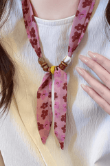 Pink Floral Scarf Wood Bead Boho Necklace