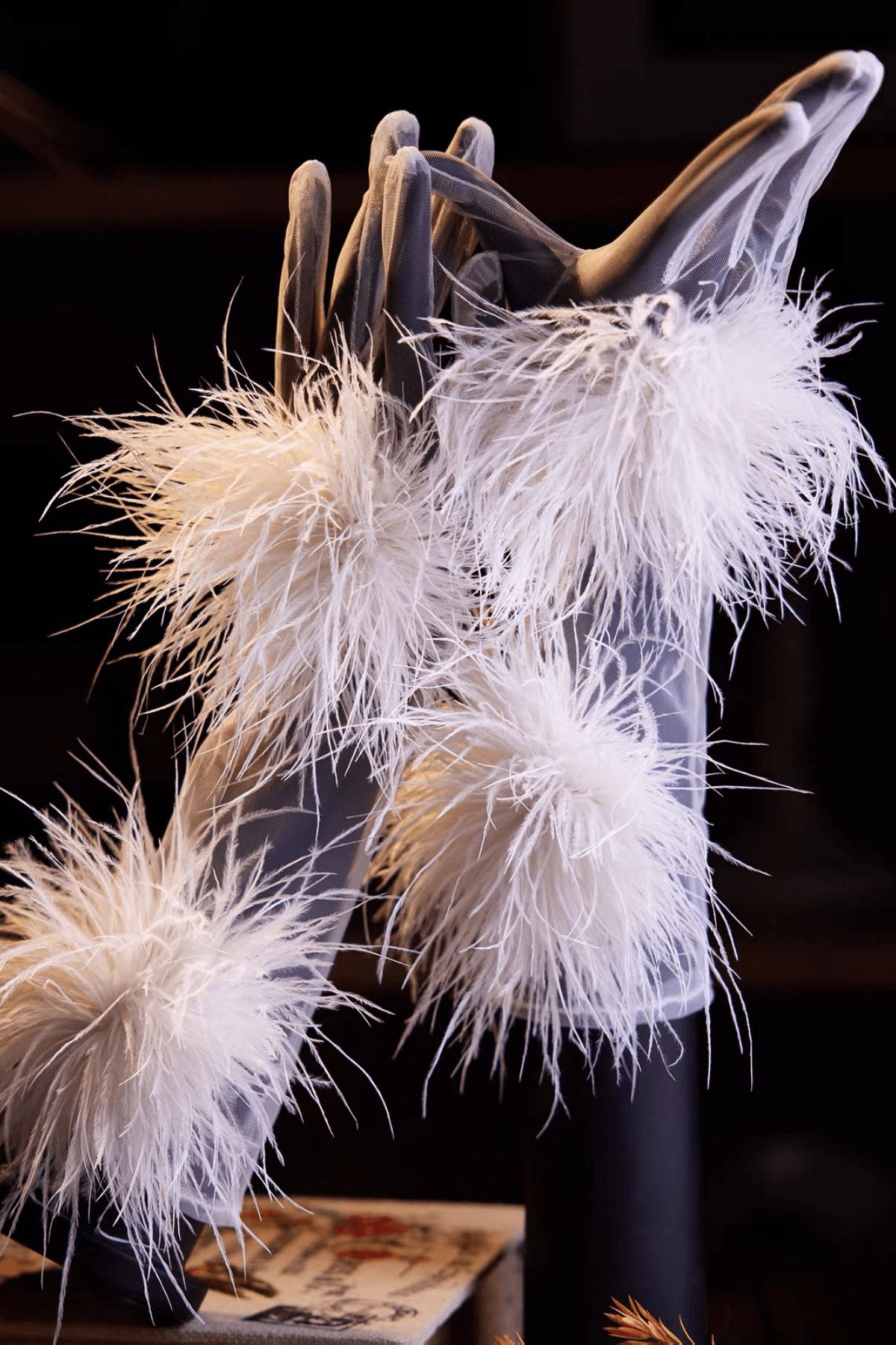 Fluffy Feather Decor Sheer Long Gloves