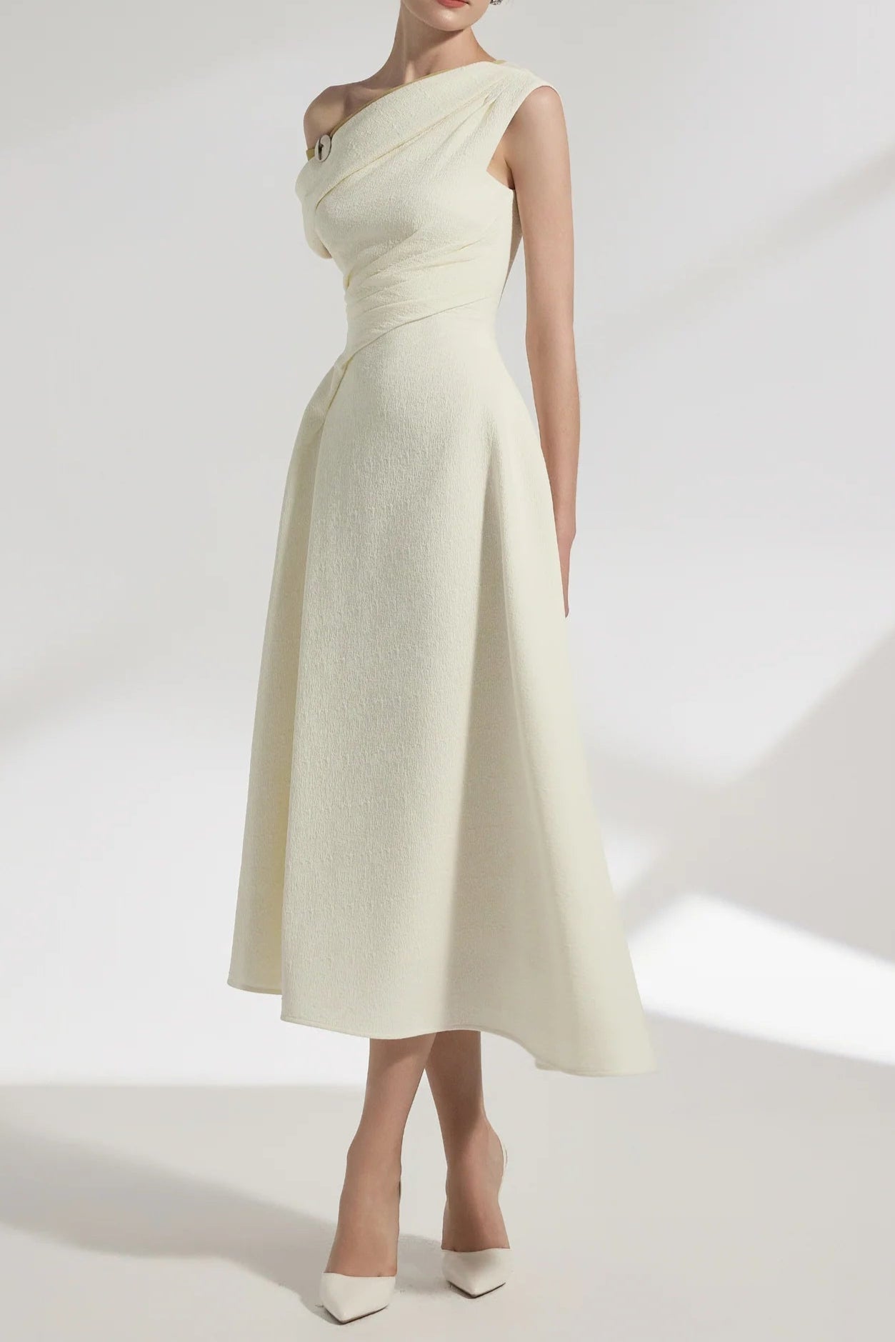 Lucy One-Shoulder A-Line Midi Dress in White