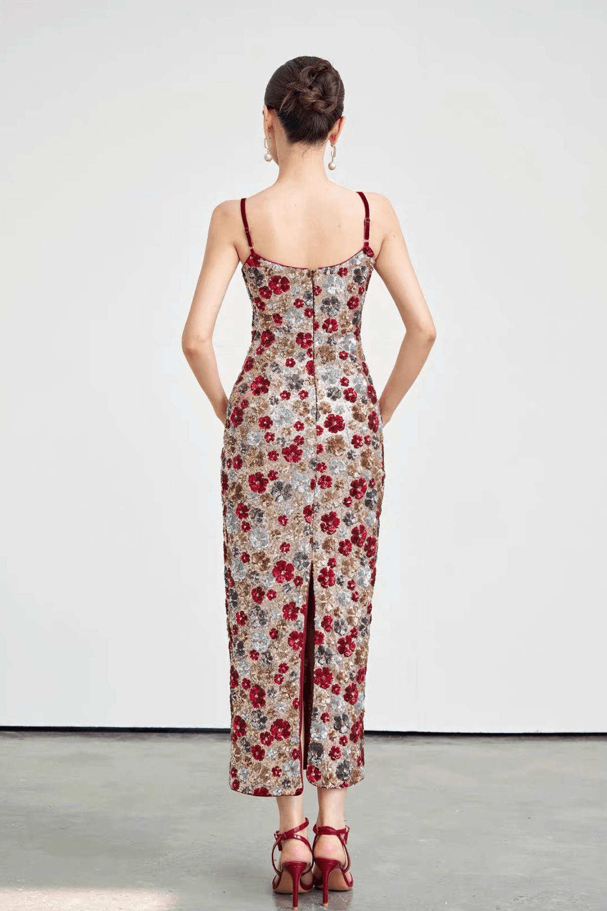Strap Bodycon Floral Sequin Midi Dress