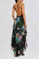 Green Floral Strap Ruffle Dress