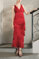 Red Lace V-Neck Maxi Dress