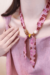 Pink Floral Scarf Wood Bead Boho Necklace