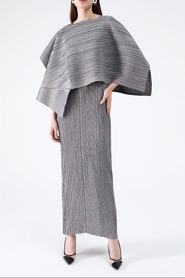 Midi Dress with Cape in Gray Set
