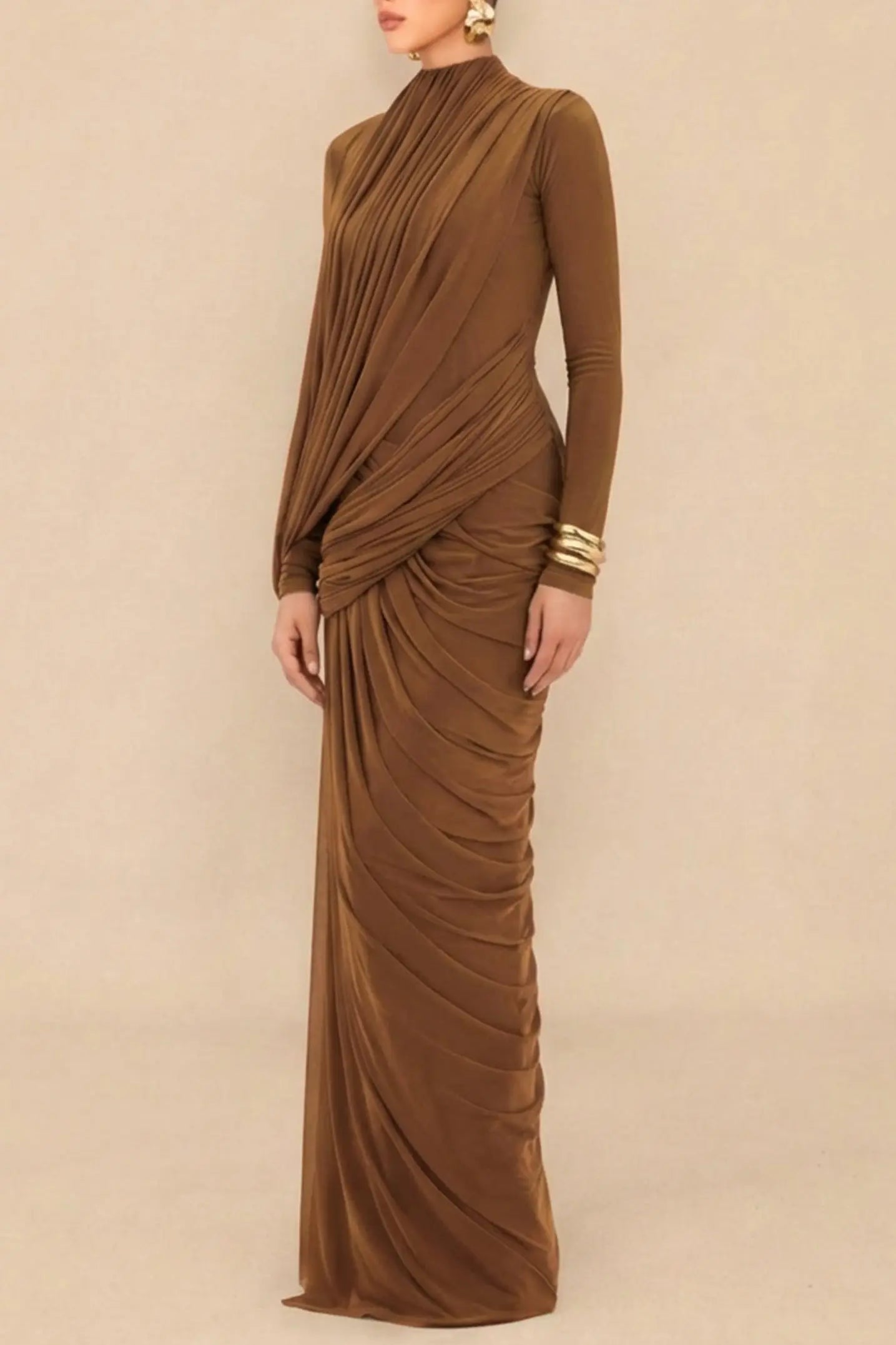 High Neck Drape Ruched Maxi Dress in Brown