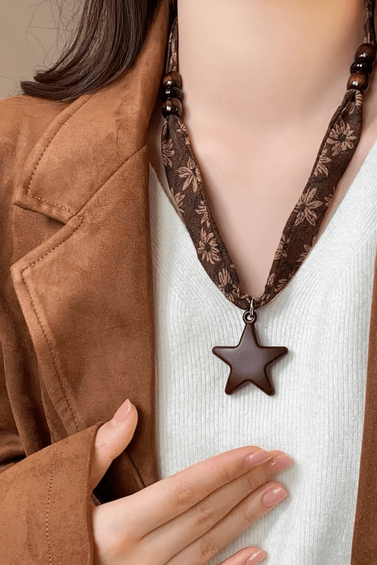 Brown Floral Fabric Wood Star Pendant Necklace