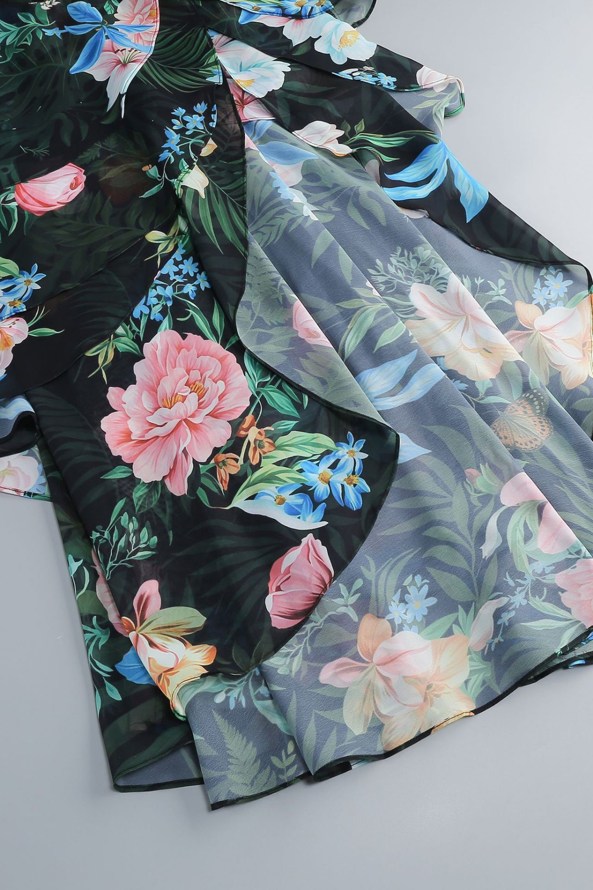 Green Floral Strap Ruffle Dress