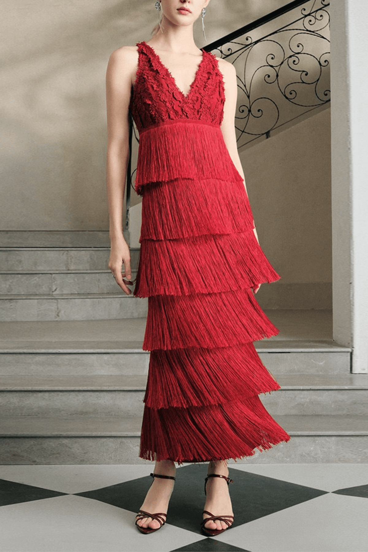 Red Lace V-Neck Maxi Dress