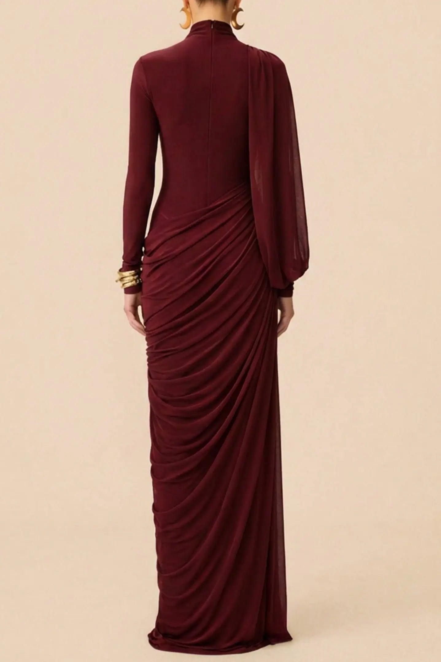High Neck Drape Ruched Maxi Dress in Burgundy