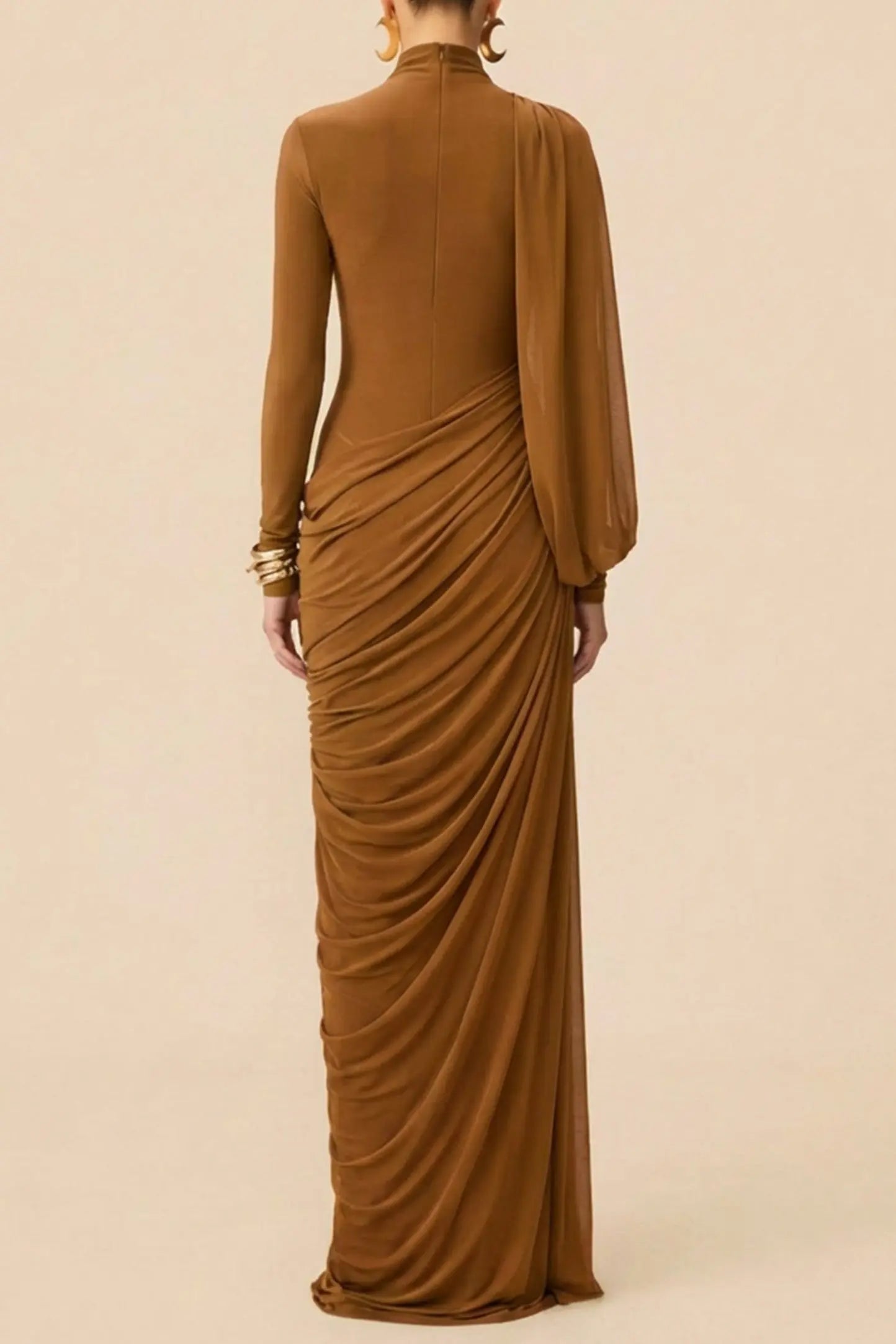 High Neck Drape Ruched Maxi Dress in Brown