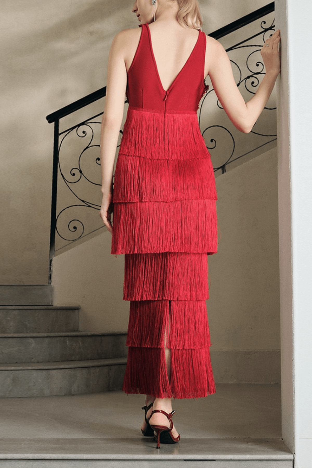 Red Lace V-Neck Maxi Dress
