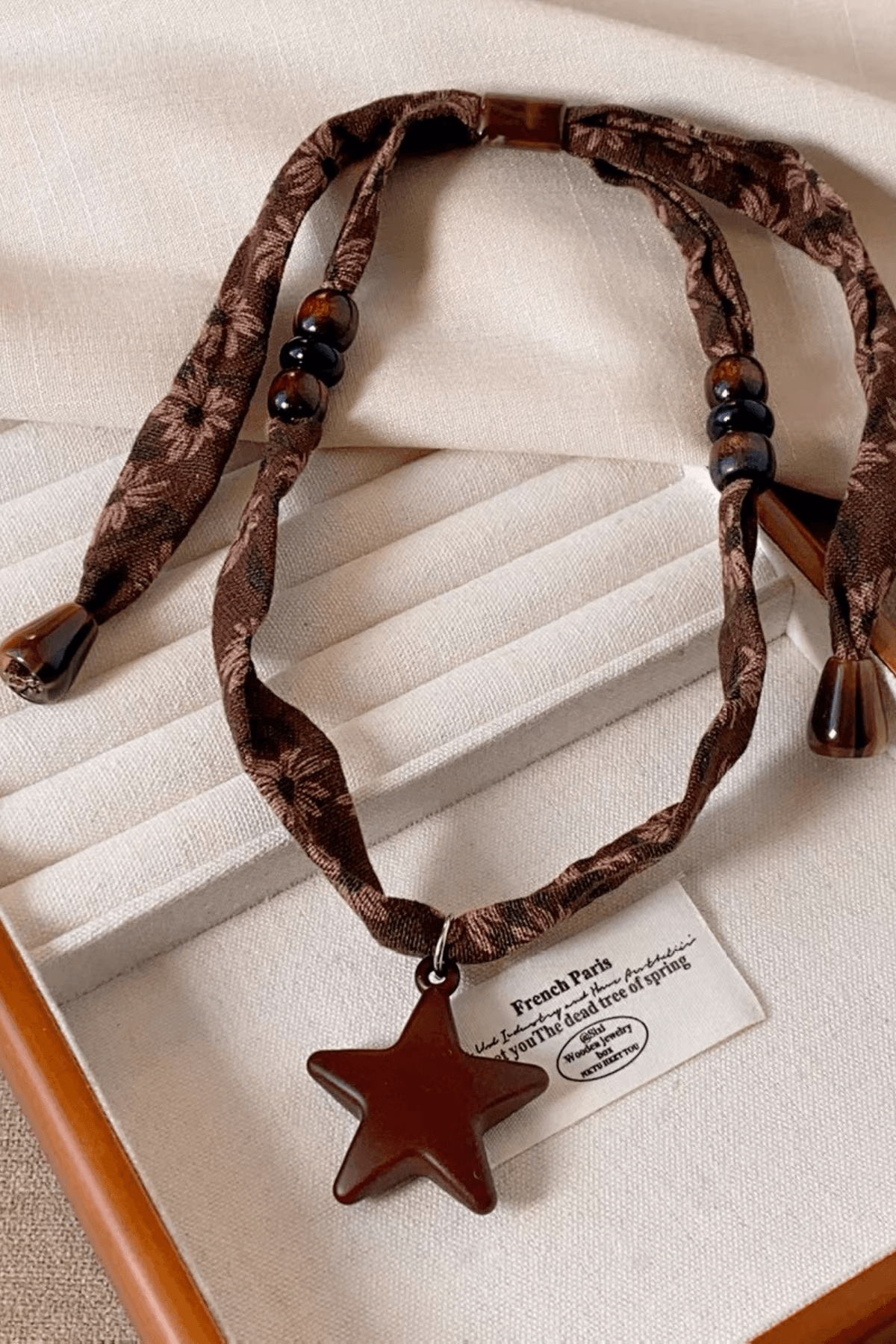 Brown Floral Fabric Wood Star Pendant Necklace
