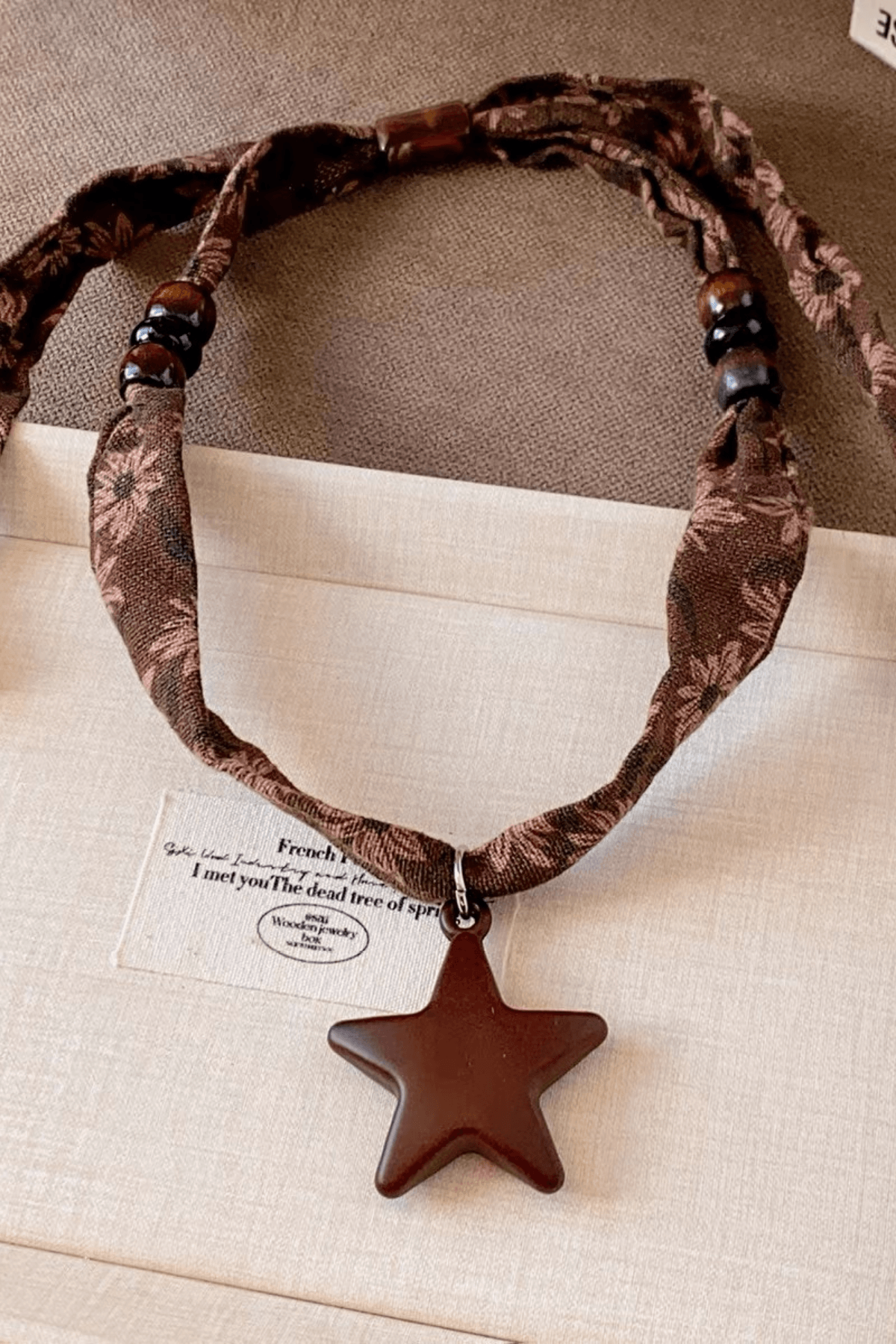 Brown Floral Fabric Wood Star Pendant Necklace
