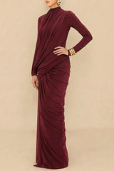 High Neck Drape Ruched Maxi Dress in Burgundy