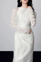 Marian White Satin Boat Neck Mesh Long Sleeve Dress