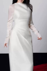 Marian White Satin Boat Neck Mesh Long Sleeve Dress