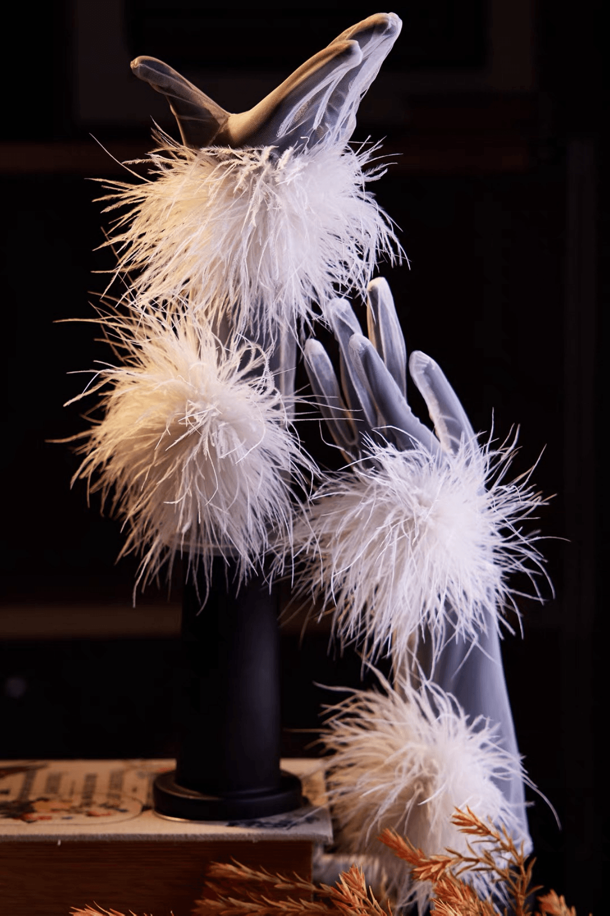 Fluffy Feather Decor Sheer Long Gloves