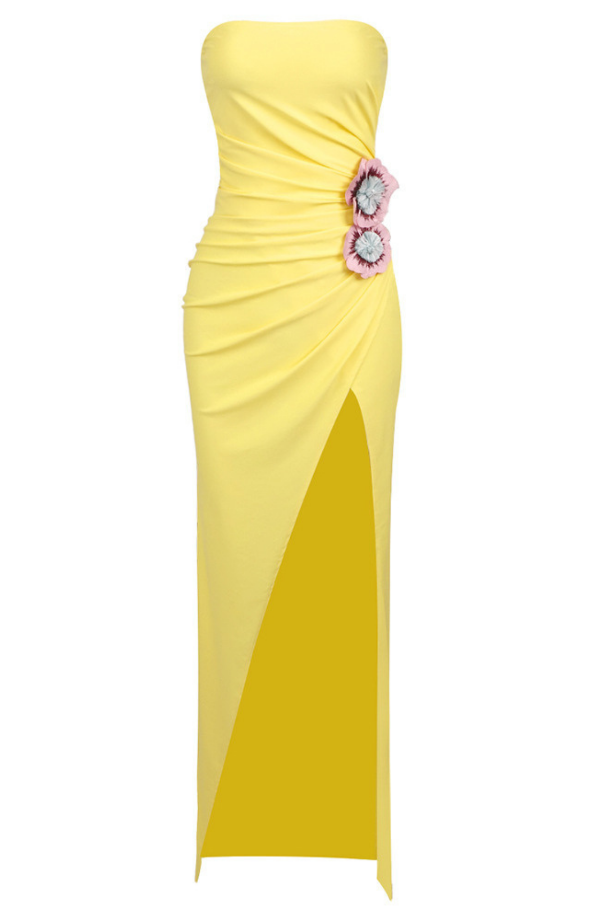Yellow High-Maxi Dress with 3D Flowers