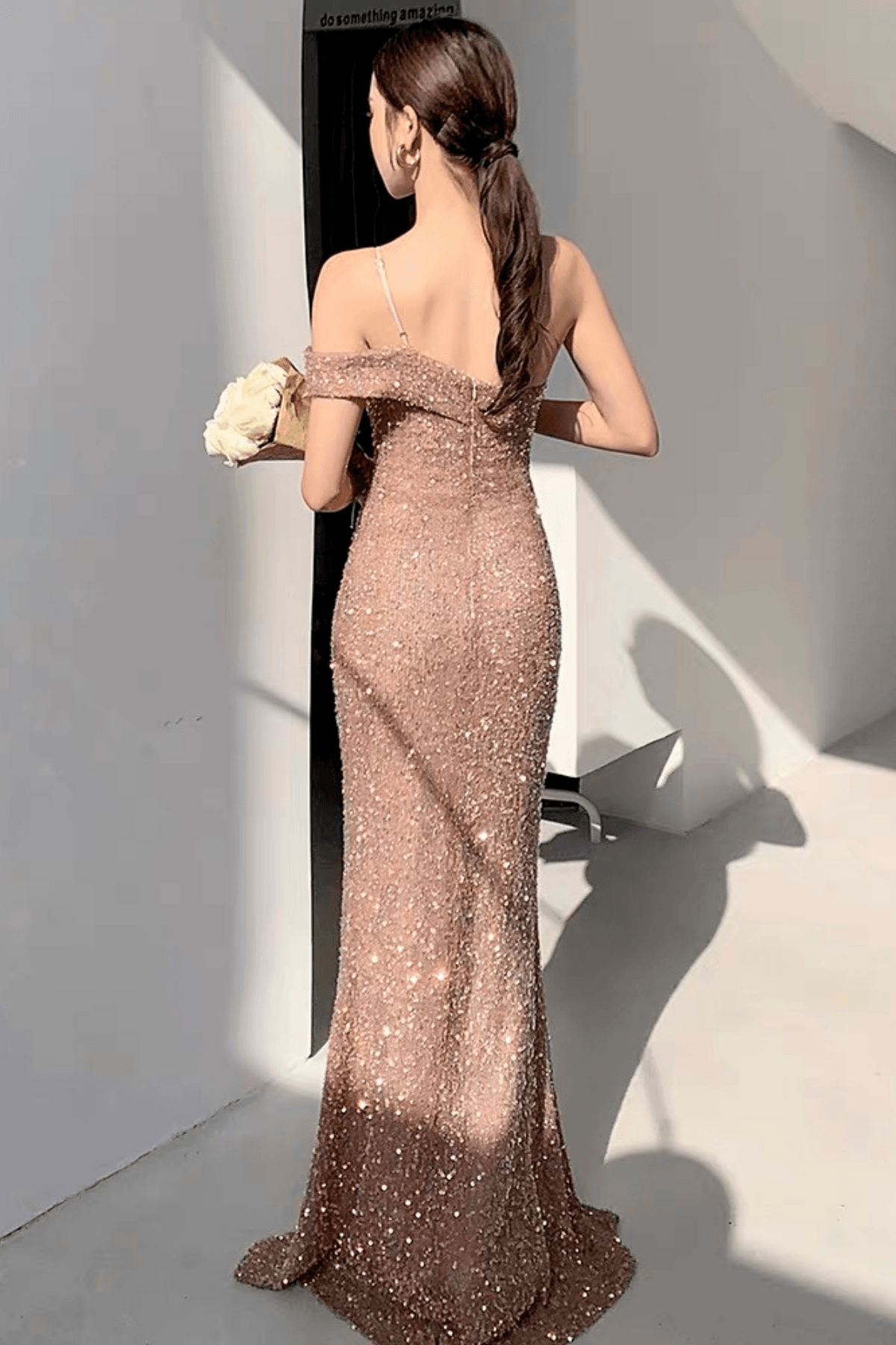 Asymmetrical Off-Shoulder Sequin Evening Dress
