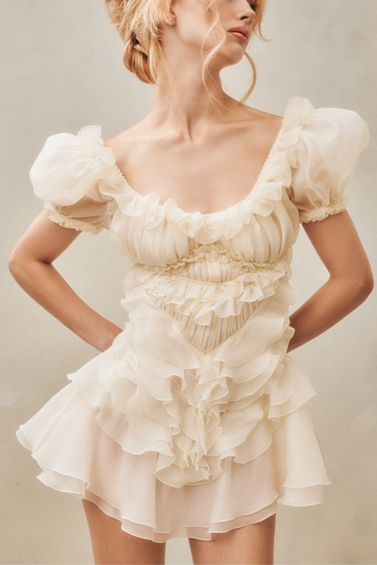 Puff Sleeve Ruffle Mini White Dress