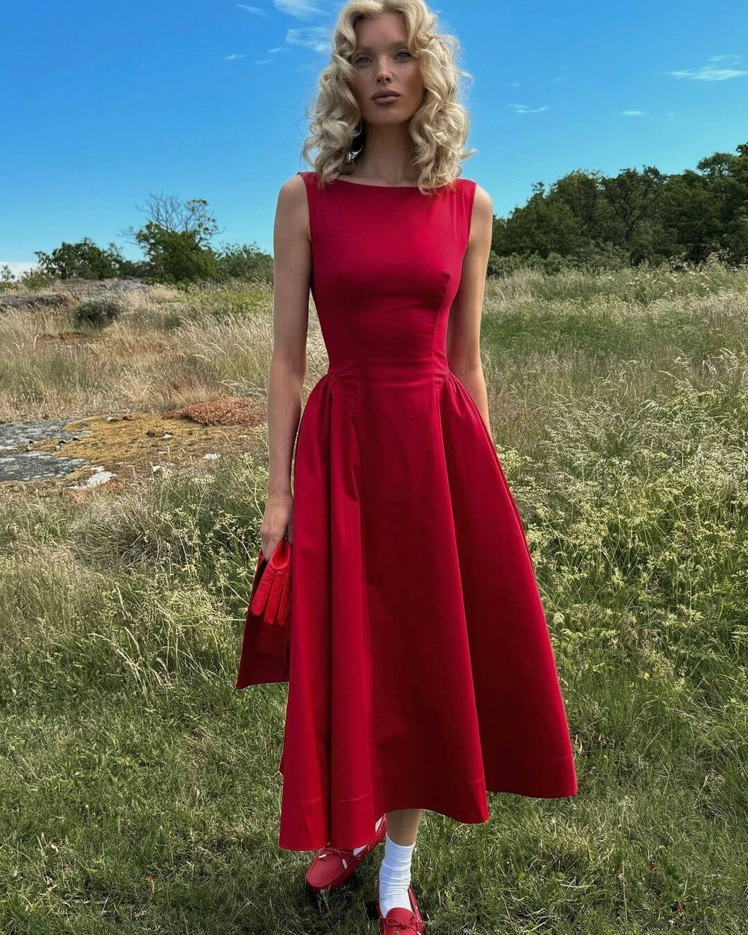 Stretch Cotton Sateen Midi Dress in red