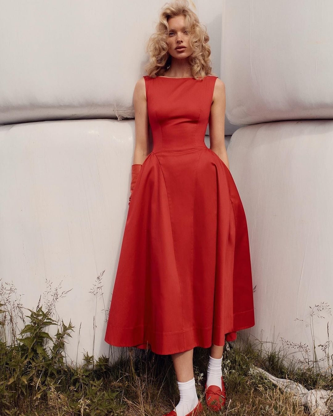 Stretch Cotton Sateen Midi Dress in red