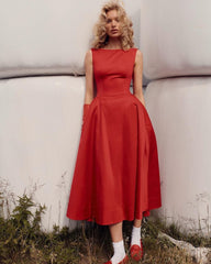 Stretch Cotton Sateen Midi Dress in red