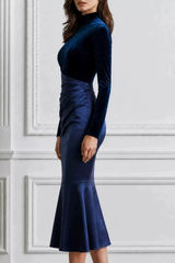Satin High Neck Long Sleeve Ruched Dress