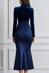 Satin High Neck Long Sleeve Ruched Dress