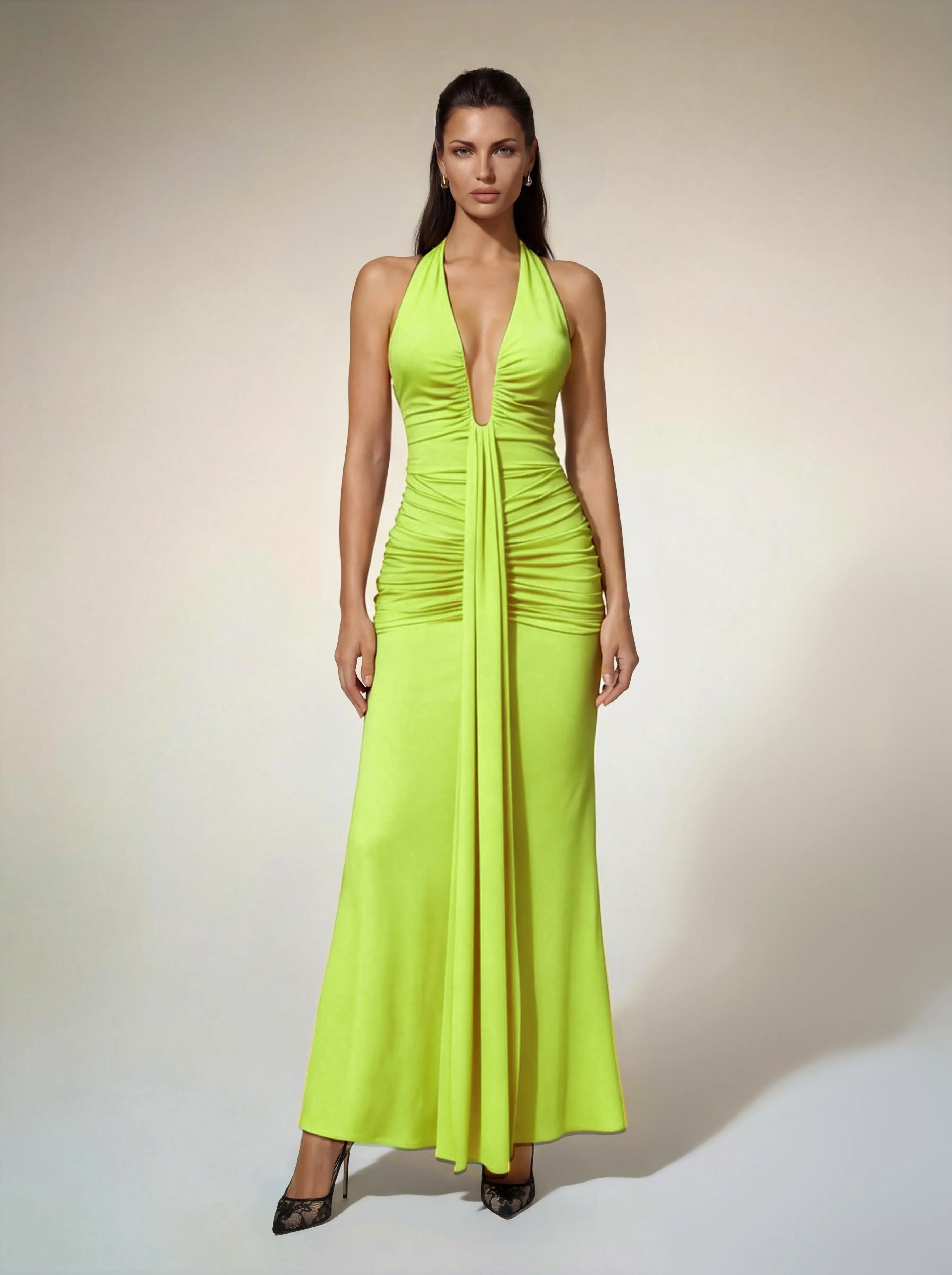 Ruched Maxi Dress In Neon Yellow