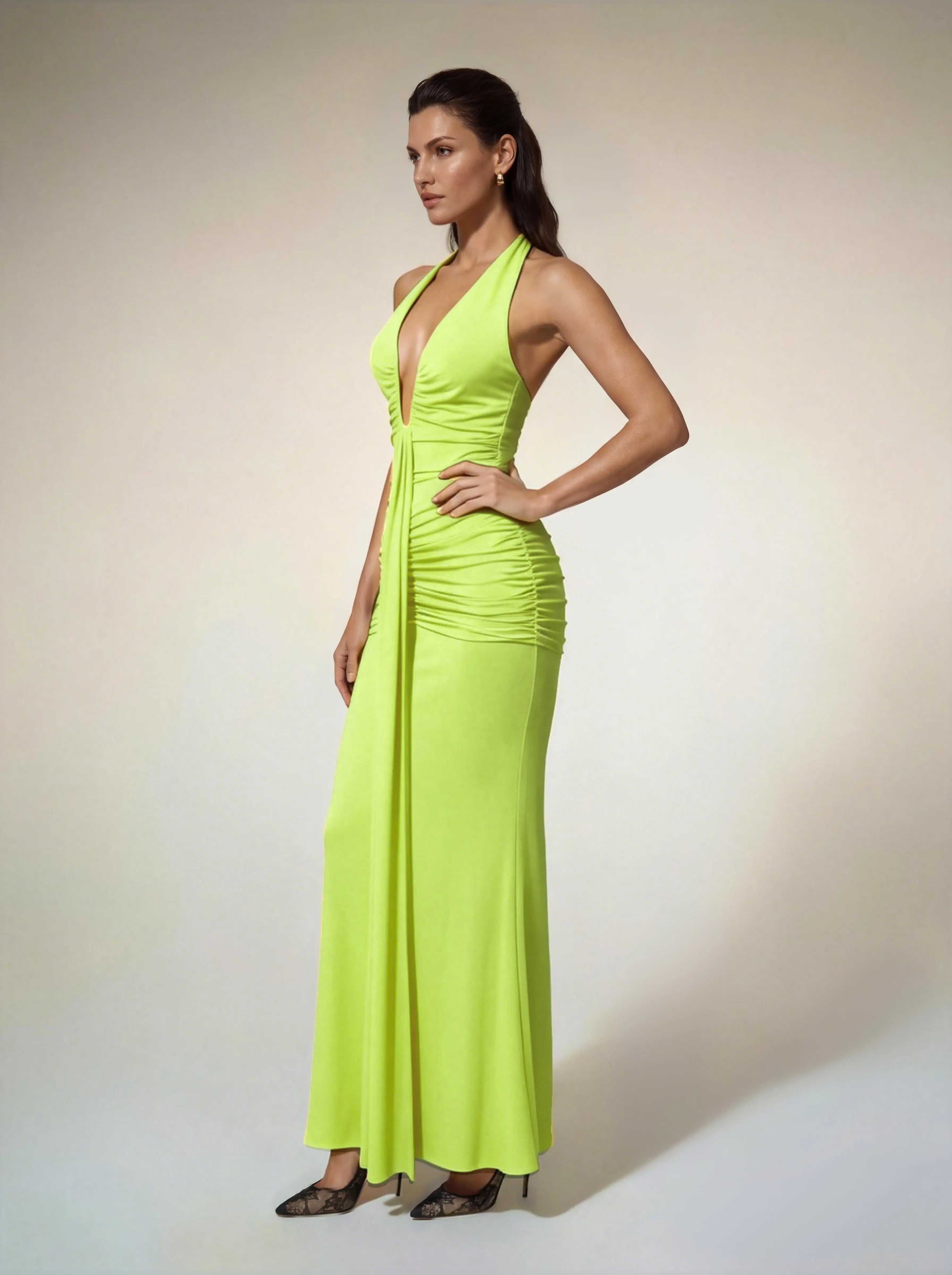 Ruched Maxi Dress In Neon Yellow