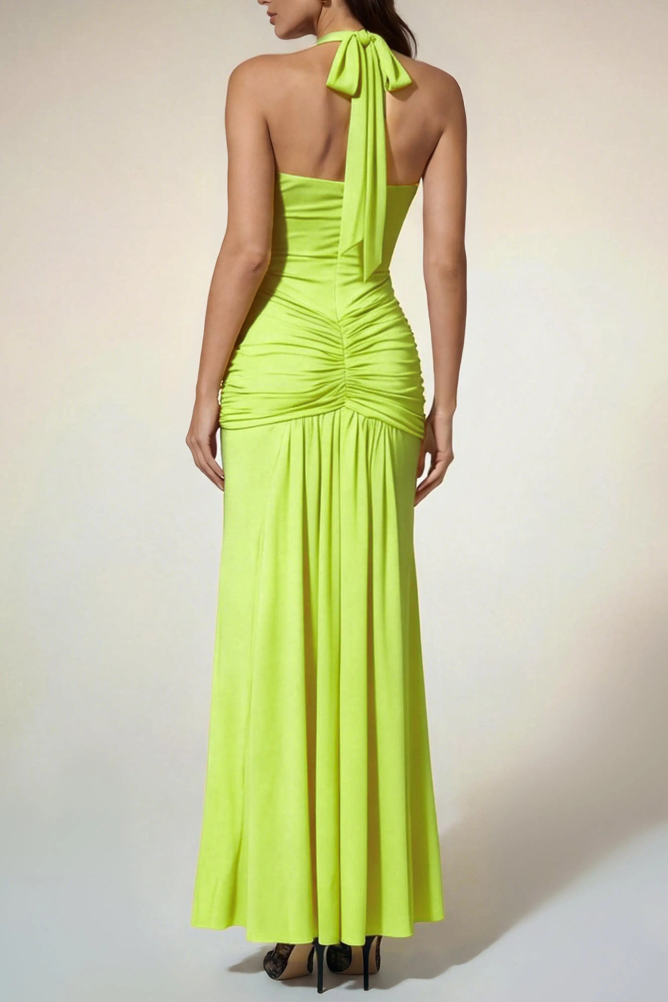 Ruched Maxi Dress In Neon Yellow