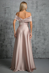 Pink Satin Off Shoulder Twist Dress