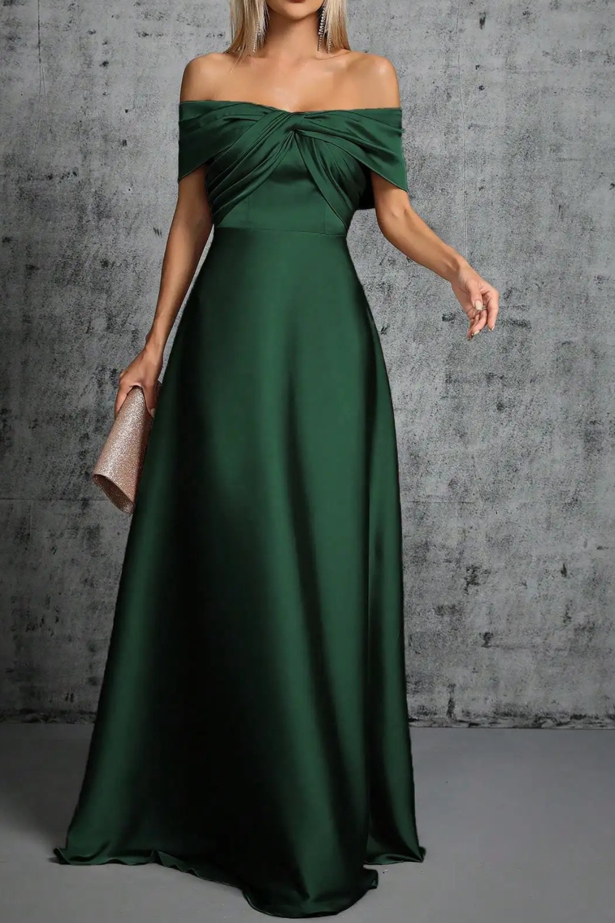 Green Satin Off Shoulder Twist Dress