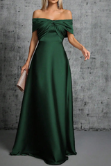 Green Satin Off Shoulder Twist Dress
