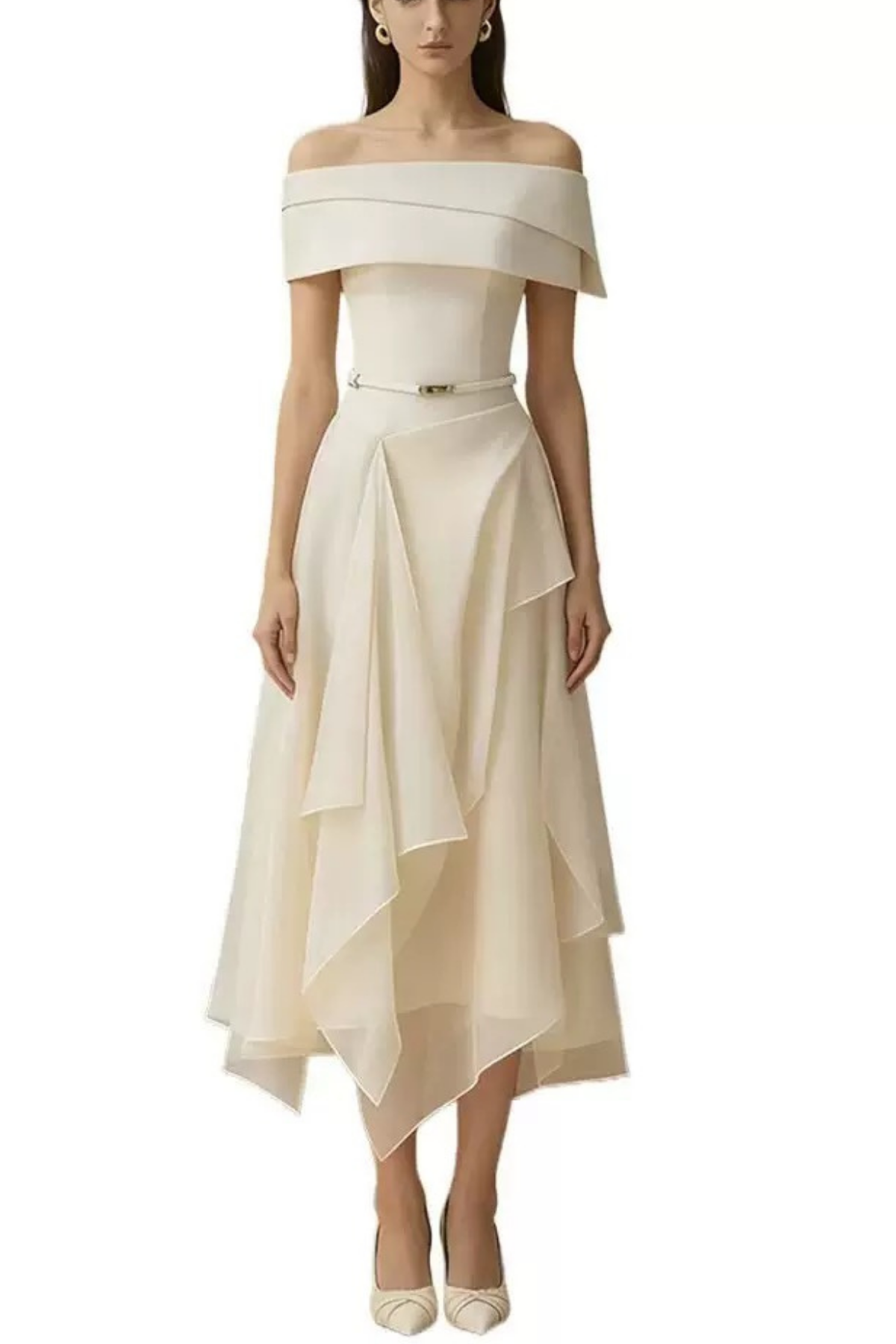 Cream Asymmetrical Off Shoulder Midi Gown