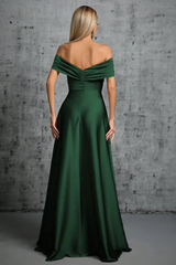 Green Satin Off Shoulder Twist Dress