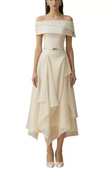 Cream Asymmetrical Off Shoulder Midi Gown