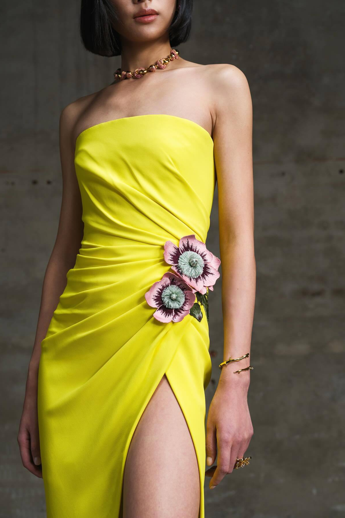 Yellow High-Maxi Dress with 3D Flowers