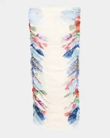 White Off-Shoulder Floral Print Ruched Top Skirt Set