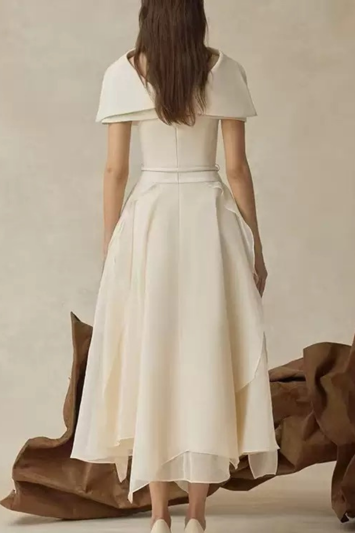 Cream Asymmetrical Off Shoulder Midi Gown