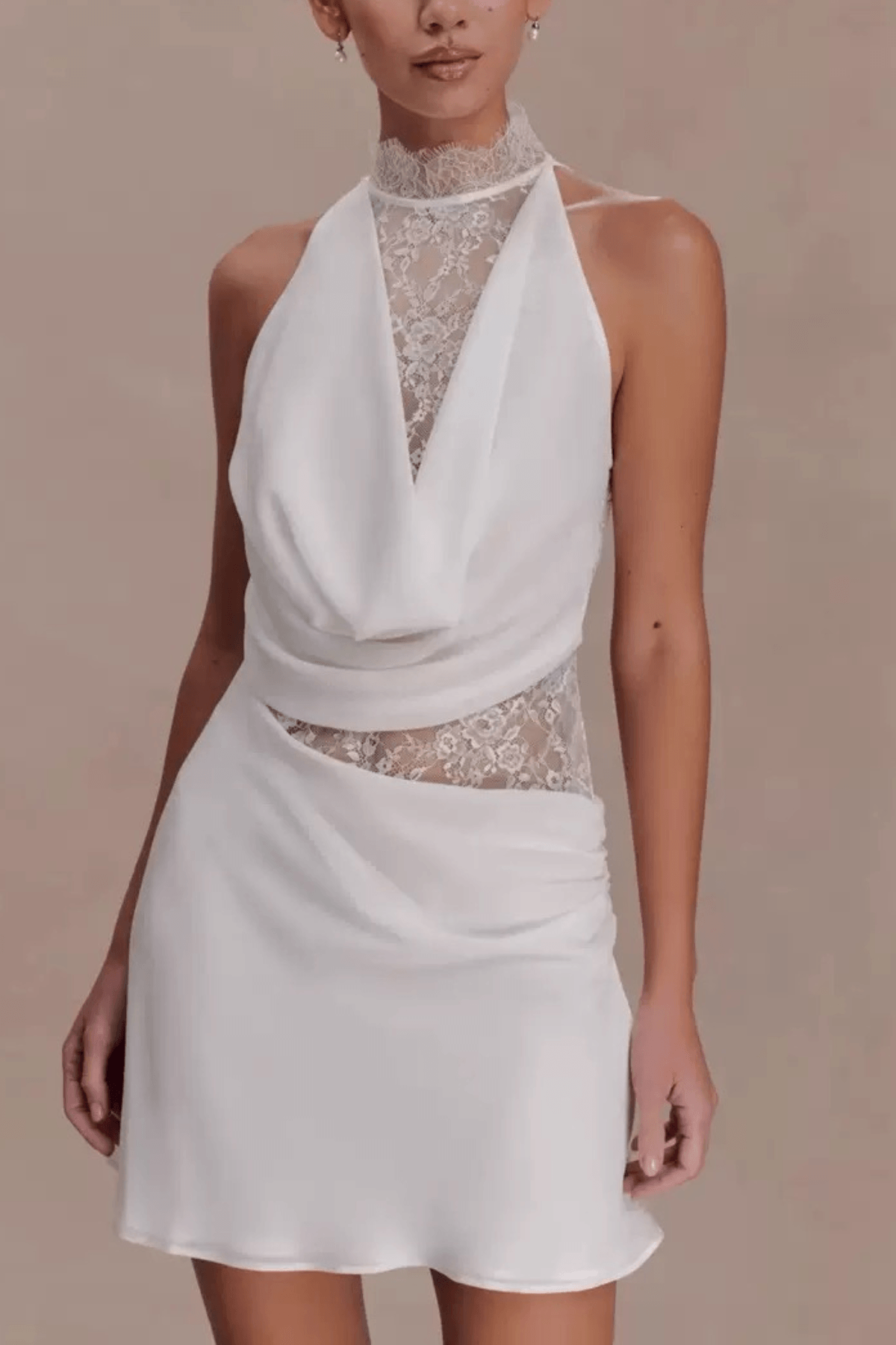 White Lace Halter Neck Ruched A Line Mini Dress