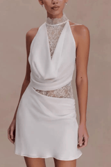 White Lace Halter Neck Ruched A Line Mini Dress